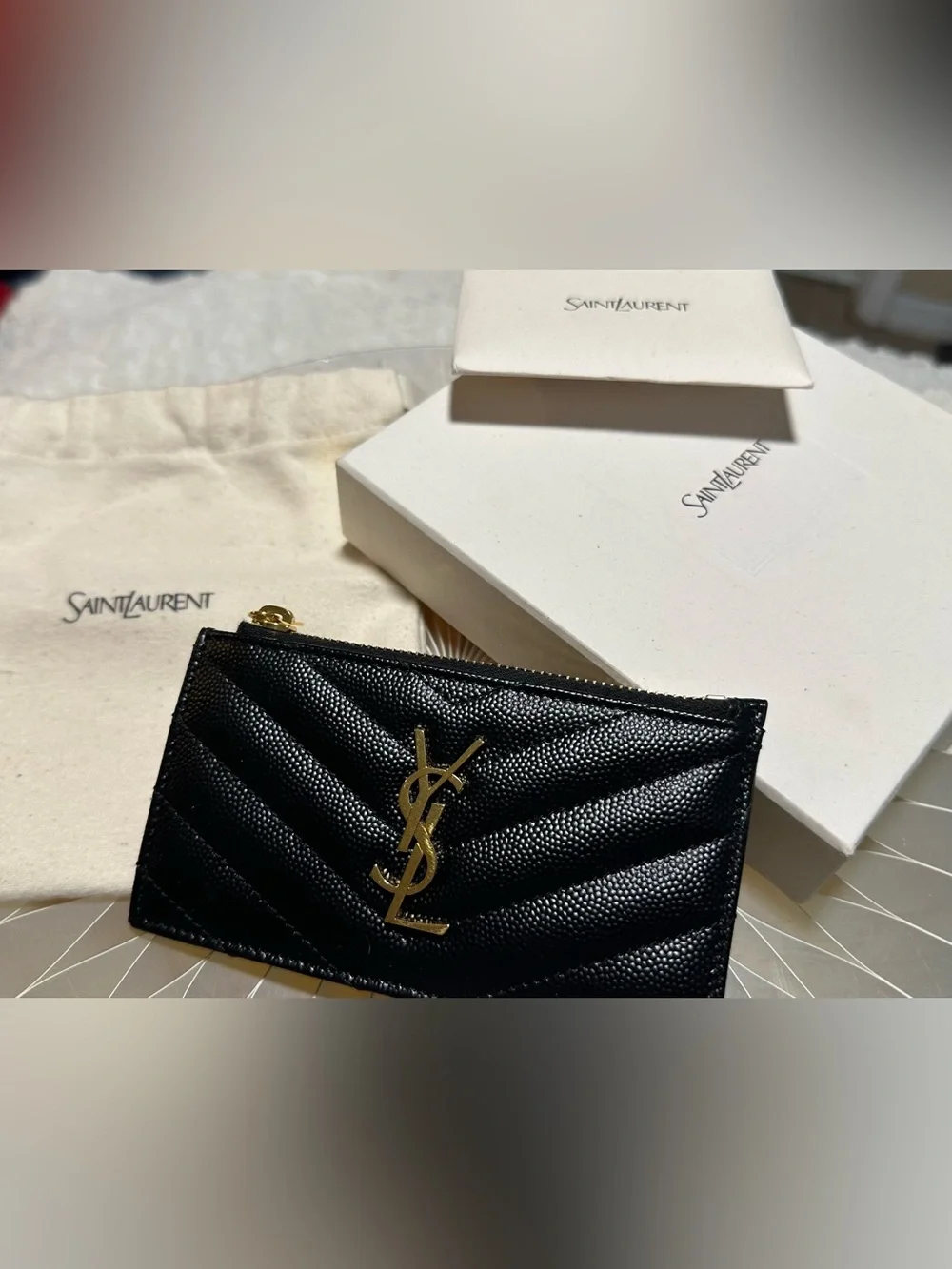 Saint Laurent Black Quilted Leather Wristlet with Gold YSL Emblem